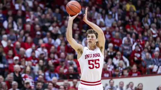 BLOOMINGTON, IN - JANUARY 25, 2019 - Forward Evan Fitzner #55 of the Indiana Hoosiers during the game against the Michigan Wolverines and the Indiana Hoosiers at Simon Skjodt Assembly Hall in Bloomington, IN. Photo By Craig Bisacre/Indiana Athletics