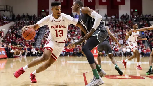 BLOOMINGTON, IN - DECEMBER 22, 2018 - Forward Juwan Morgan #13 of the Indiana Hoosiers during the game between the Jacksonville Dolphins and the Indiana Hoosiers at Simon Skjodt Assembly Hall in Bloomington, IN. Photo By Craig Bisacre/Indiana Hoosiers