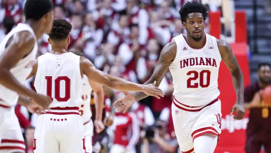 BLOOMINGTON, IN - OCTOBER 29, 2019 - forward De'Ron Davis #20 of the Indiana Hoosiers during the game between the Gannon Golden Knights and the Indiana Hoosiers at Simon Skjodt Assembly Hall in Bloomington, IN. Photo By Missy Minear/Indiana Athletics