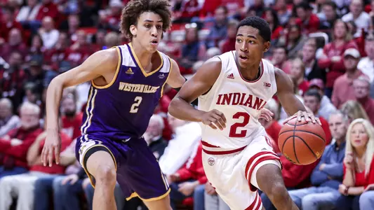 BLOOMINGTON, IN - NOVEMBER 05, 2019 - guard Armaan Franklin #2 of the Indiana Hoosiers during the game between the Western Illinois Leathernecks and the Indiana Hoosiers at Simon Skjodt Assembly Hall in Bloomington, IN. Photo By Andrew Mascharka/Indiana Athletics