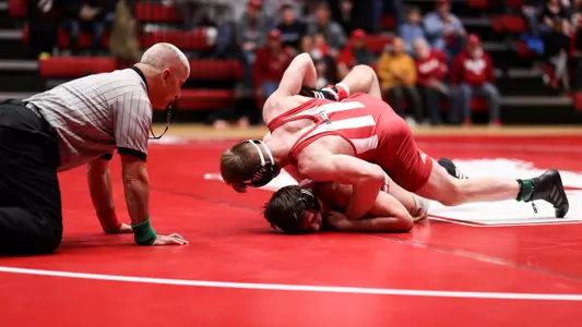 BLOOMINGTON, IN - FEBRUARY 08, 2019 -Bryce Martin of the Indiana Hoosiers during the match against the Rutgers Scarlet Knights and the Indiana Hoosiers in Wilkinson Hall in Bloomington, IN. Photo by Rose Bythrow/Indiana Athletics