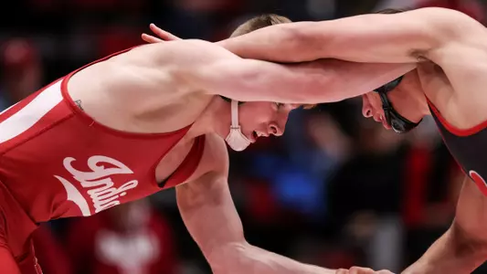 BLOOMINGTON, IN - FEBRUARY 08, 2019 - Bryce Martin of the Indiana Hoosiers during the match against the Rutgers Scarlet Knights and the Indiana Hoosiers in Wilkinson Hall in Bloomington, IN. Photo by Rose Bythrow/Indiana Athletics