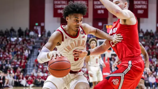 BLOOMINGTON, IN - FEBRUARY 10, 2019 - Forward Justin Smith #3 of the Indiana Hoosiers during the game against the Ohio State Buckeyes and the Indiana Hoosiers at Simon Skjodt Assembly Hall in Bloomington, IN. Photo By Missy Minear/Indiana Athletics