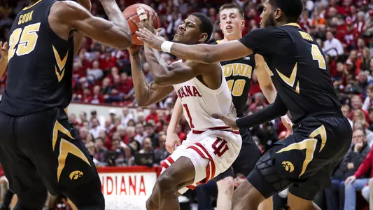 BLOOMINGTON, IN - FEBRUARY 07, 2019 - Guard Aljami Durham #1 of the Indiana Hoosiers during the game against the Iowa Hawkeyes and the Indiana Hoosiers at Simon Skjodt Assembly Hall in Bloomington, IN. Photo By Missy Minear/Indiana Athletics