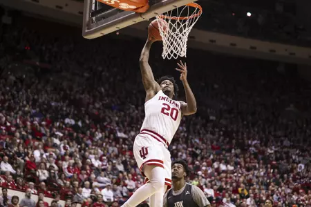 BLOOMINGTON, IN - DECEMBER 22, 2018 - Forward De'Ron Davis #20 of the Indiana Hoosiers during the game between the Jacksonville Dolphins and the Indiana Hoosiers at Simon Skjodt Assembly Hall in Bloomington, IN. Photo By Craig Bisacre/Indiana Hoosiers