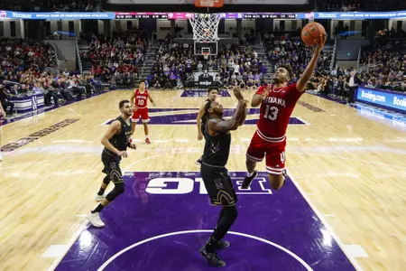 EVANSTON, IL - JANUARY 22, 2019 - Forward Juwan Morgan #13 of the Indiana Hoosiers during the game between the Northwestern Wildcats and the Indiana Hoosiers at the Welsh-Ryan Arena in Evanston, IL. Photo By Steve Woltmann/For Indiana Athletics