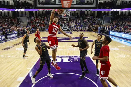 EVANSTON, IL - JANUARY 22, 2019 - Guard Robert Phinisee #10 of the Indiana Hoosiers during the game between the Northwestern Wildcats and the Indiana Hoosiers at the Welsh-Ryan Arena in Evanston, IL. Photo By Steve Woltmann/For Indiana Athletics