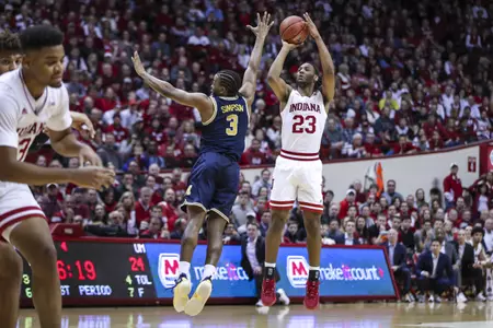 BLOOMINGTON, IN - JANUARY 25, 2019 - Forward Damezi Anderson Jr. #23 of the Indiana Hoosiers during the game against the Michigan Wolverines and the Indiana Hoosiers at Simon Skjodt Assembly Hall in Bloomington, IN. Photo By Craig Bisacre/Indiana Athletics