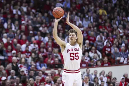 BLOOMINGTON, IN - JANUARY 25, 2019 - Forward Evan Fitzner #55 of the Indiana Hoosiers during the game against the Michigan Wolverines and the Indiana Hoosiers at Simon Skjodt Assembly Hall in Bloomington, IN. Photo By Craig Bisacre/Indiana Athletics
