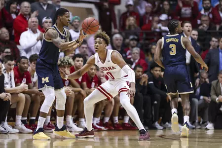 BLOOMINGTON, IN - JANUARY 25, 2019 - Guard Romeo Langford #0 of the Indiana Hoosiers during the game against the Michigan Wolverines and the Indiana Hoosiers at Simon Skjodt Assembly Hall in Bloomington, IN. Photo By Craig Bisacre/Indiana Athletics