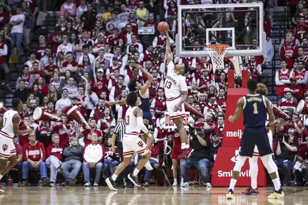 BLOOMINGTON, IN - JANUARY 25, 2019 - Forward Juwan Morgan #13 of the Indiana Hoosiers during the game against the Michigan Wolverines and the Indiana Hoosiers at Simon Skjodt Assembly Hall in Bloomington, IN. Photo By Craig Bisacre/Indiana Athletics