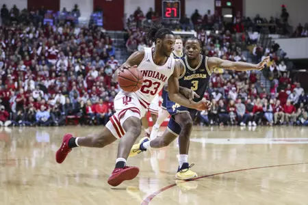 BLOOMINGTON, IN - JANUARY 25, 2019 - Forward Damezi Anderson Jr. #23 of the Indiana Hoosiers during the game against the Michigan Wolverines and the Indiana Hoosiers at Simon Skjodt Assembly Hall in Bloomington, IN. Photo By Missy Minear/Indiana Athletics