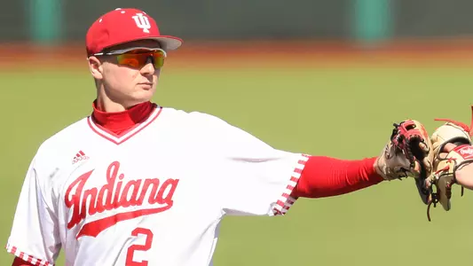 BLOOMINGTON, IN - MARCH 16, 2019 - Infielder Cole Barr #2 of the Indiana Hoosiers and Right-handed pitcher Connor Manous #25 of the Indiana Hoosiers during the game against the Canisius Golden Griffins and the Indiana Hoosiers at Bart Kaufman Field in Bloomington, IN. Photo By Missy Minear/Indiana Athletics