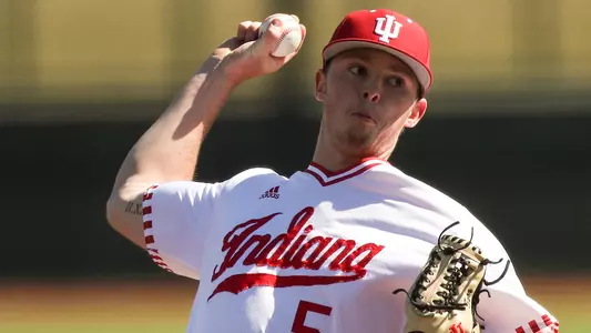 BLOOMINGTON, IN - MARCH 16, 2019 - Right-handed pitcher Tanner Gordon #5 of the Indiana Hoosiers during the game against the Canisius Golden Griffins and the Indiana Hoosiers at Bart Kaufman Field in Bloomington, IN. Photo By Missy Minear/Indiana Athletics