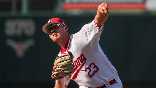 AUSTIN, TX - JUNE 01, 2018 - Left-handed pitcher Andrew Saalfrank #23 of the Indiana Hoosiers during the NCAA Baseball Tournament Austin Regional game against the Texas A&M Aggies and the Indiana Hoosiers at UFCU Disch-Falk Field in Austin, TX. Photo By Craig Bisacre/Indiana Athletics