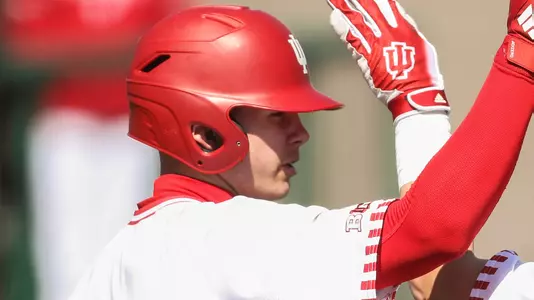 BLOOMINGTON, IN - MARCH 16, 2019 - Outfielder Grant Richardson #6 of the Indiana Hoosiers and Catcher Ryan Fineman #29 of the Indiana Hoosiers during the game against the Canisius Golden Griffins and the Indiana Hoosiers at Bart Kaufman Field in Bloomington, IN. Photo By Missy Minear/Indiana Athletics