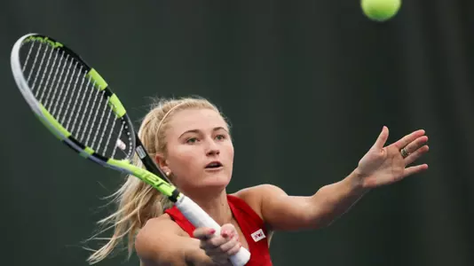 BLOOMINGTON, IN - APRIL 20, 2019 - Madison Appel of the Indiana Hoosiers during the match against the Rutgers Scarlet Knights and the Indiana Hoosiers at the IU Tennis Center in Bloomington, IN. Photo By Missy Minear/Indiana Athletics