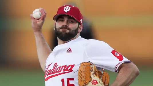 BLOOMINGTON, IN - MARCH 22, 2019 - Right-handed pitcher Pauly Milto #15 of the Indiana Hoosiers during the game against the Iowa Hawkeyes and the Indiana Hoosiers at Bart Kaufman Field in Bloomington, IN. Photo By Missy Minear/Indiana Athletics