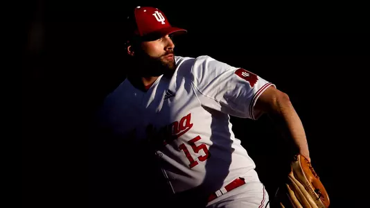 BLOOMINGTON, IN - MARCH 22, 2019 - Right-handed pitcher Pauly Milto #15 of the Indiana Hoosiers during the game against the Iowa Hawkeyes and the Indiana Hoosiers at Bart Kaufman Field in Bloomington, IN. Photo By Missy Minear/Indiana Athletics