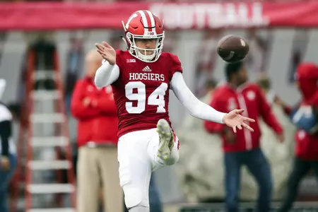 BLOOMINGTON, IN - NOVEMBER 18, 2017 - punter Haydon Whitehead #94 of the Indiana Hoosiers during the game against the Rutgers Scarlet Knights and the Indiana Hoosiers at Memorial Stadium in Bloomington, IN. Photo By Craig Bisacre\Indiana Athletics