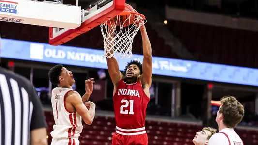 MADISON, WI - JANUARY 07, 2021 - forward Jerome Hunter #21 of the Indiana Hoosiers during the game between the Wisconsin Badgers and the Indiana Hoosiers at the Kohl Center in Madison, WI. Photo By Missy Minear/Indiana Athletics