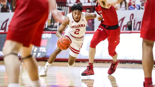 BLOOMINGTON, IN - JANUARY 24, 2021 - guard Armaan Franklin #2 of the Indiana Hoosiers during the game between the Rutgers Scarlett Knights and the Indiana Hoosiers at Simon Skjodt Assembly Hall in Bloomington, IN. Photo By Missy Minear/Indiana Athletics