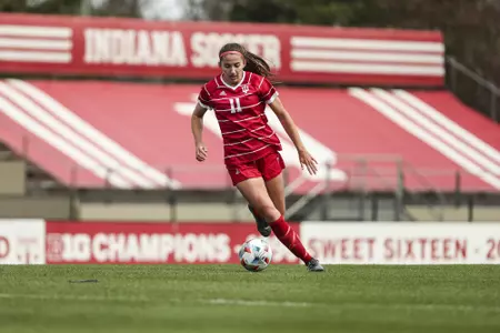 BLOOMINGTON, IN - MARCH 31, 2021 - forward Anna Bennett #11 of the Indiana Hoosiers during the game between the Michigan State Spartans and the Indiana Hoosiers at Bill Armstrong Stadium in Bloomington, IN. Photo By Xavier Daniels/Indiana Athletics