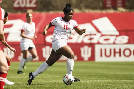 BLOOMINGTON, IN - MARCH 21, 2021 - midfielder Bria Telemaque #16 of the Indiana Hoosiers during the game between the Wisconsin Badgers and the Indiana Hoosiers at Bill Armstrong Stadium in Bloomington, IN. Photo By Xavier Daniels/Indiana Athletics