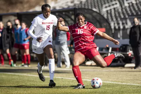 BLOOMINGTON, IN - FEBRUARY 25, 2021 - midfielder Bria Telemaque #16 of the Indiana Hoosiers during the game between the Rutgers Scarlet Knights and the Indiana Hoosiers at Armstrong Stadium in Bloomington, IN. Photo By Missy Minear/Indiana Athletics