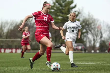 BLOOMINGTON, IN - MARCH 31, 2021 - forward Gabi Rennie #17 of the Indiana Hoosiers during the game between the Michigan State Spartans and the Indiana Hoosiers at Bill Armstrong Stadium in Bloomington, IN. Photo By Xavier Daniels/Indiana Athletics