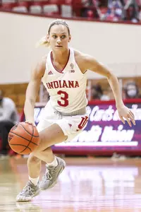 BLOOMINGTON, IN - DECEMBER 20, 2020 - guard Grace Waggoner #3 of the Indiana Hoosiers during the game against the Nebraska Cornhuskers and the Indiana Hoosiers at Simon Skjodt Assembly Hall in Bloomington, IN. Photo By Missy Minear/Indiana Hoosiers