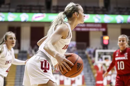 BLOOMINGTON, IN - DECEMBER 20, 2020 - guard Grace Waggoner #3 of the Indiana Hoosiers during the game against the Nebraska Cornhuskers and the Indiana Hoosiers at Simon Skjodt Assembly Hall in Bloomington, IN. Photo By Missy Minear/Indiana Hoosiers