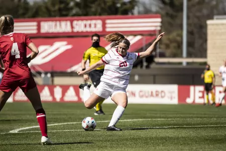BLOOMINGTON, IN - MARCH 21, 2021 - forward Jen Blitchok #20 of the Indiana Hoosiers during the game between the Wisconsin Badgers and the Indiana Hoosiers at Armstrong Stadium in Bloomington, IN. Photo By Missy Minear/Indiana Athletics