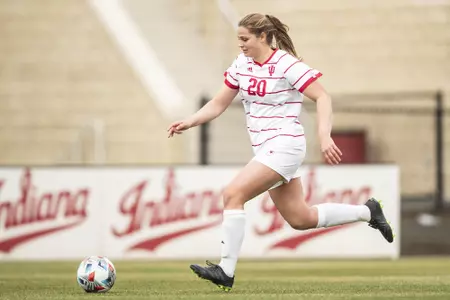 BLOOMINGTON, IN - MARCH 13, 2021 - forward Jen Blitchok #20 of the Indiana Hoosiers during the game between the Illinois Fighting Illini and the Indiana Hoosiers at Armstrong Stadium in Bloomington, IN. Photo By Missy Minear/Indiana Athletics
