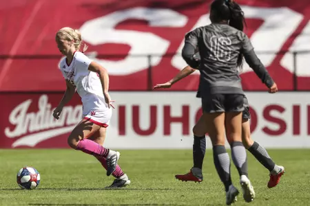 BLOOMINGTON, IN - OCTOBER 13, 2019 - defender Megan Wampler #22 of the Indiana Hoosiers during the game between the Ohio State Buckeyes and the Indiana Hoosiers at Bill Armstrong Stadium in Bloomington, IN. Photo By Missy Minear/Indiana Athletics