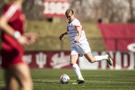 BLOOMINGTON, IN - MARCH 21, 2021 - defender Oliwia Wos #18 of the Indiana Hoosiers during the game between the Wisconsin Badgers and the Indiana Hoosiers at Armstrong Stadium in Bloomington, IN. Photo By Missy Minear/Indiana Athletics