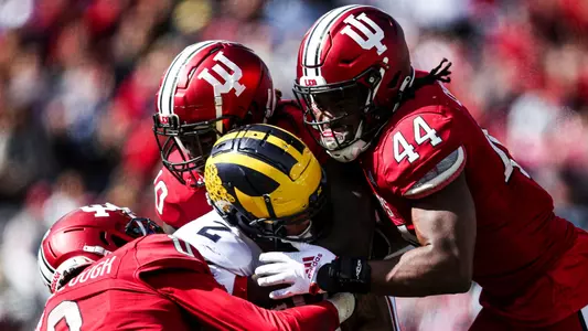 BLOOMINGTON, IN - OCTOBER 08, 2022 - linebacker Dasan McCullough #0 of the Indiana Hoosiers and linebacker Aaron Casey #44 of the Indiana Hoosiers and outside linebacker Myles Jackson #10 of the Indiana Hoosiers  during the game against the Michigan Wolverines at Memorial Stadium in Bloomington, IN. Photo By Xavier Daniels/Indiana Athletics