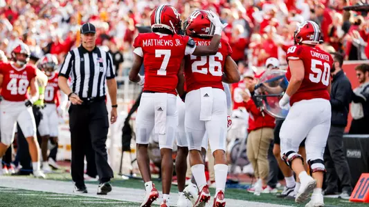 BLOOMINGTON, IN - October 15, 2022 - running back Josh Henderson #26 of the Indiana Hoosiers, wide receiver D.J. Matthews Jr. #7 of the Indiana Hoosiers, during the game between the Maryland Terrapins and the Indiana Hoosiers at Memorial Stadium in Bloomington, IN. Photo By Gracie Farrall\Indiana