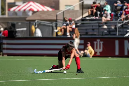 BLOOMINGTON, IN - September 25, 2022 - Midfield/Foward #10 Anna Mozeleski of the Indiana Hoosiers during the game between the Miami Ohio Red Hawks and the Indiana Hoosiers at IU Field Hockey Complex in Bloomington, IN. Photo By Chris Conaway