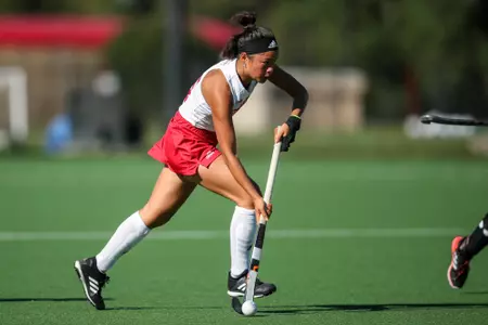 BLOOMINGTON, IN - September 30, 2022 - defender Yip van Wonderen #15 of the Indiana Hoosiers during the game between the Rutgers Scarlett Knights and the Indiana Hoosiers at IU Field Hockey Complex in Bloomington, IN. Photo By Chris Conaway