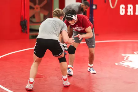 BLOOMINGTON, IN - July 07, 2022 - Derek Glicher and Nico Bolivar during the summer practice at Wilkinson Hall in Bloomington, IN. Photo By Gracie Farrall\Indiana Athletics