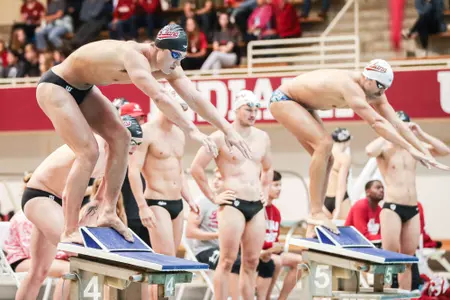 BLOOMINGTON, IN - October 01, 2022 - Finn Brooks and Marius Kusch during the meet with the Indiana Hoosiers at Counsilman-Billingsley Aquatics Center in Bloomington, IN. Photo By Chris Conaway