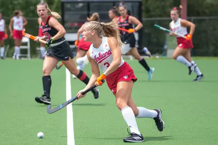 BLOOMINGTON, IN - August 19, 2022 - forward Kayla Kiwak #3 of the Indiana Hoosiers during the game between the Ball State Cardinals and the Indiana Hoosiers at IU Field Hockey Complex in Bloomington, IN. Photo By Dalton Wainscott/Indiana Athletics