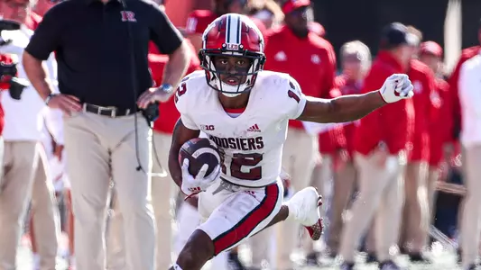 PISCATAWAY, NJ - OCTOBER 22, 2022 - running back Jaylin Lucas #12 of the Indiana Hoosiers during the game between the Rutgers Scarlet Knights and the Indiana Hoosiers at SHI Stadium in Piscataway, NJ. Photo By Andrew Mascharka/Indiana Athletics