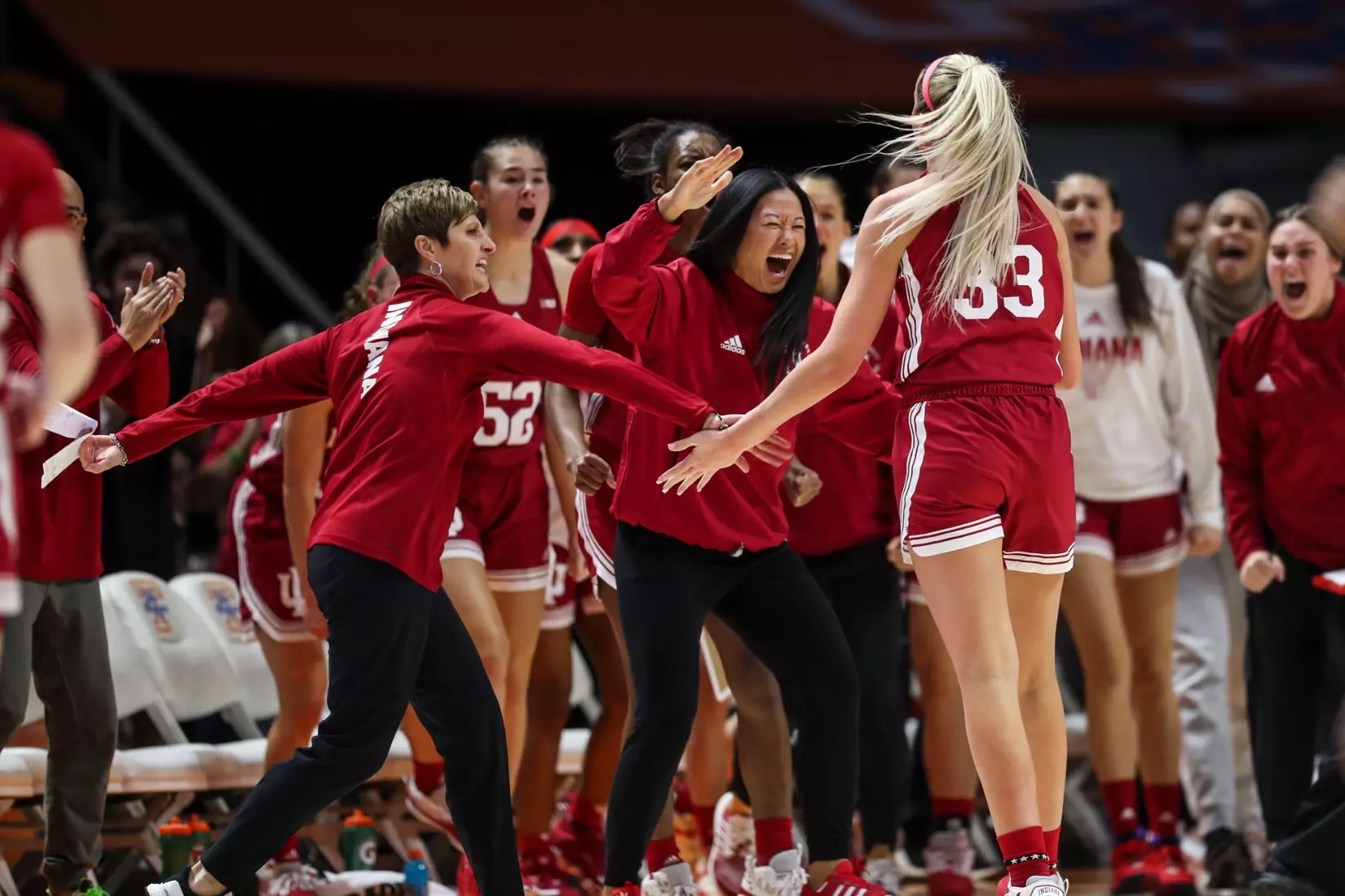 BLOOMINGTON, IN - November 14, 2022 - Indiana Hoosiers Head Coach Teri Moren, guard Sydney Parrish #33 of the Indiana Hoosiers and Indiana Hoosiers Assistant Coach and Recruiting Coordinator Linda Sayavongchanh during the game between the Tennessee Lady Vols and the Indiana Hoosiers at Simon Skjodt Assembly Hall in Bloomington, IN. Photo By Gracie Farrall\Indiana Athletics