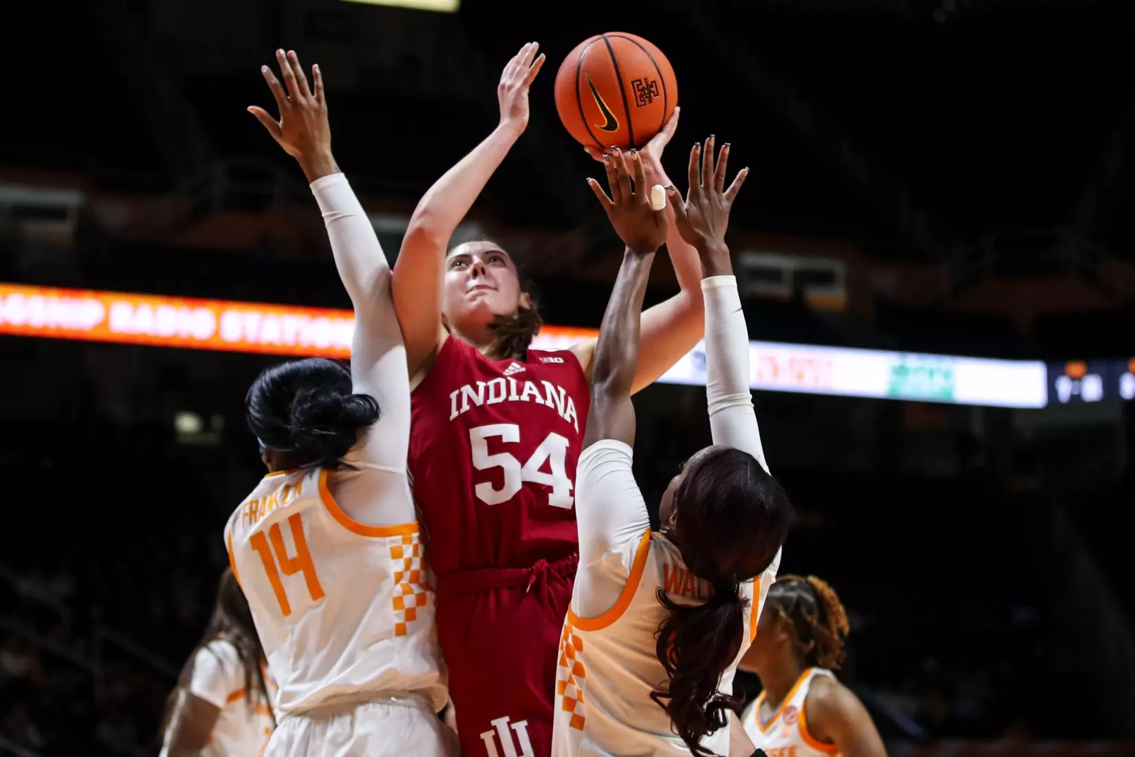 BLOOMINGTON, IN - November 14, 2022 - forward Mackenzie Holmes #54 of the Indiana Hoosiers during the game between the Tennessee Lady Vols and the Indiana Hoosiers at Simon Skjodt Assembly Hall in Bloomington, IN. Photo By Gracie Farrall\Indiana Athletics