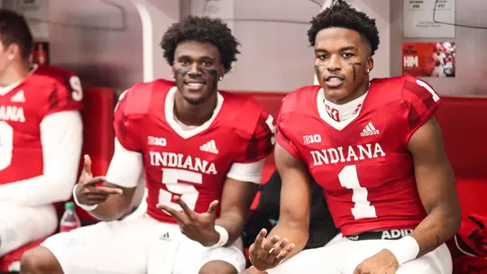BLOOMINGTON, IN - OCTOBER 15, 2022 - quarterback Dexter Williams II #5 of the Indiana Hoosiers and wide receiver Donaven McCulley #1 of the Indiana Hoosiers during the game against the Maryland Terrapin at Memorial Field in Bloomington, IN. Photo By \CXD#2\