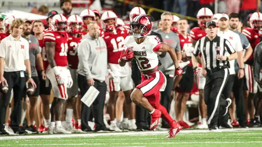 LINCOLN, NE - OCTOBER 01, 2022 - running back Jaylin Lucas #12 of the Indiana Hoosiers during the game between the Indiana Hoosiers and Nebraska Cornhuskers at Memorial Stadium in Lincoln, NE. Photo By Andrew Mascharka/Indiana Athletics
