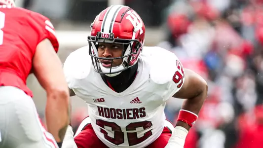 COLUMBUS, OH - November 12, 2022 - outside linebacker Alfred Bryant #92 of the Indiana Hoosiers during the game between the Ohio State Buckeyes and the Indiana Hoosiers at Memorial Stadium in Columbus, Ohio. Photo By Andrew Mascharka/Indiana Athletics