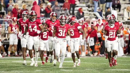 BLOOMINGTON, IN - October 15, 2022 - defensive back Bryant Fitzgerald #31 of the Indiana Hoosiers, linebacker Aaron Casey #44 of the Indiana Hoosiers, linebacker Bradley Jennings Jr. #5 of the Indiana Hoosiers, and defensive back Noah Pierre #21 of the Indiana Hoosiers during the game between the Maryland Terrapins and the Indiana Hoosiers at Memorial Stadium in Bloomington, IN. Photo By Dalton Wainscott\Indiana University